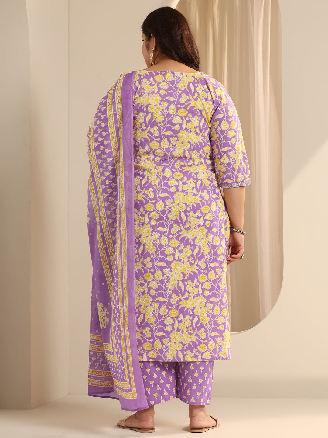 Lavender Printed Cotton Straight Suit Set With Dupatta