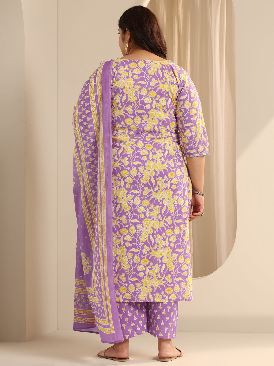 Lavender Printed Cotton Straight Suit Set With Dupatta
