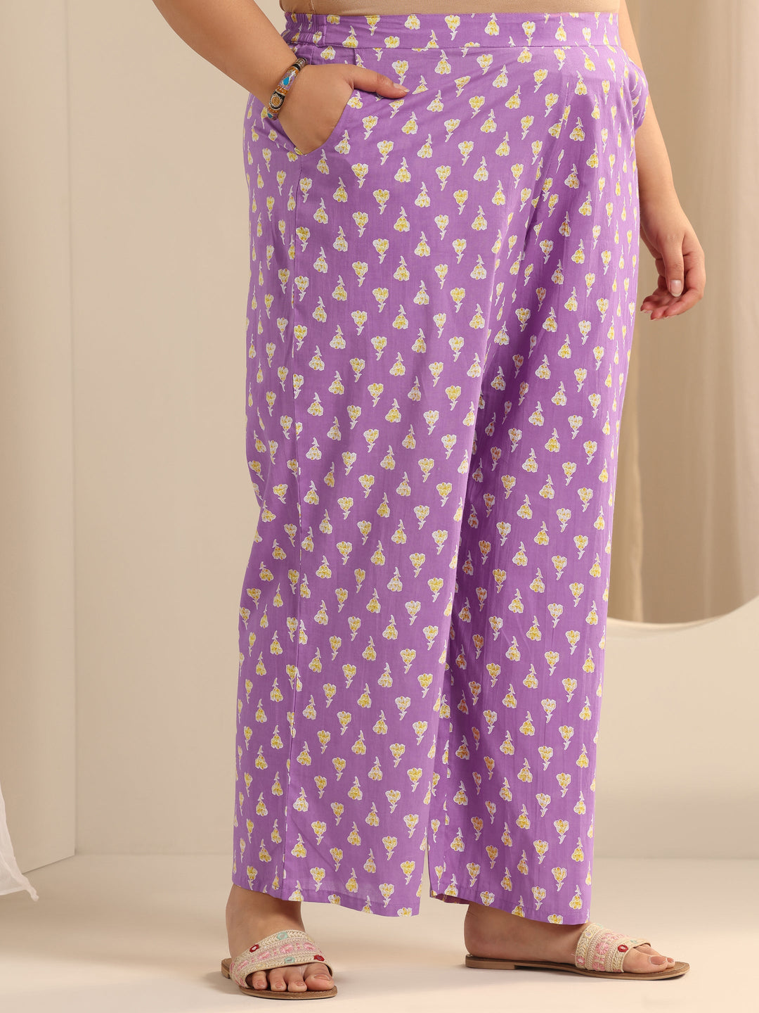 Lavender Printed Cotton Straight Suit Set With Dupatta