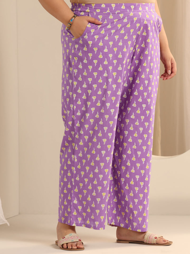 Lavender Printed Cotton Straight Suit Set With Dupatta