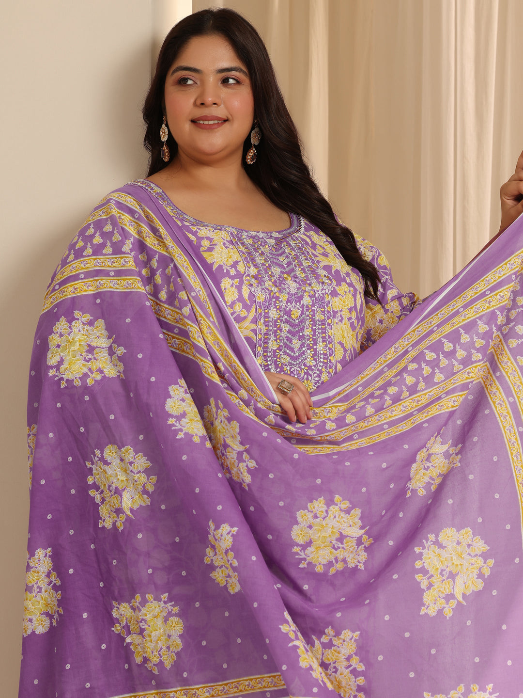 Lavender Printed Cotton Straight Suit Set With Dupatta