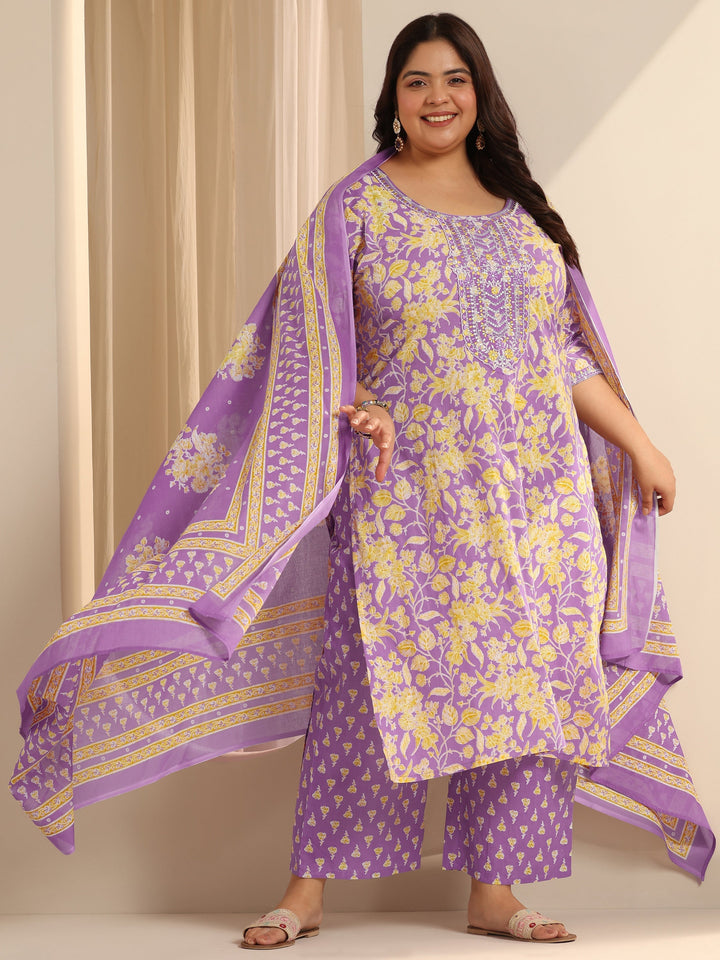 Lavender Printed Cotton Straight Suit Set With Dupatta