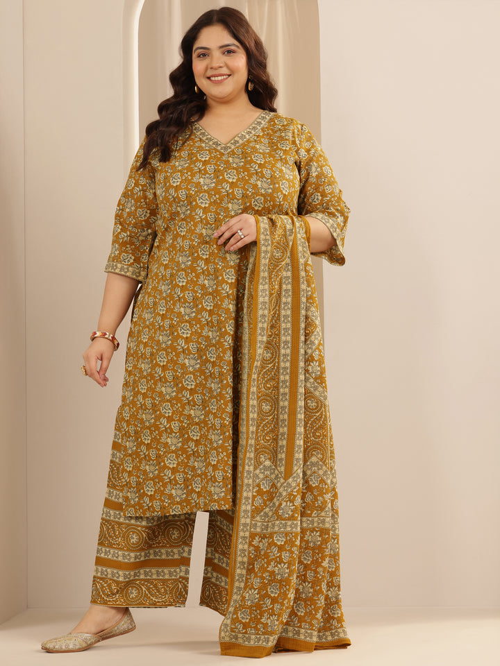 Plus Size Mustard Printed Cotton Straight Suit Set With Dupatta