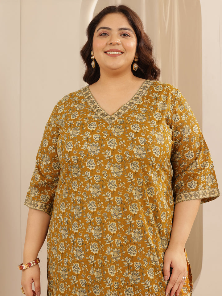 Plus Size Mustard Printed Cotton Straight Suit Set With Dupatta