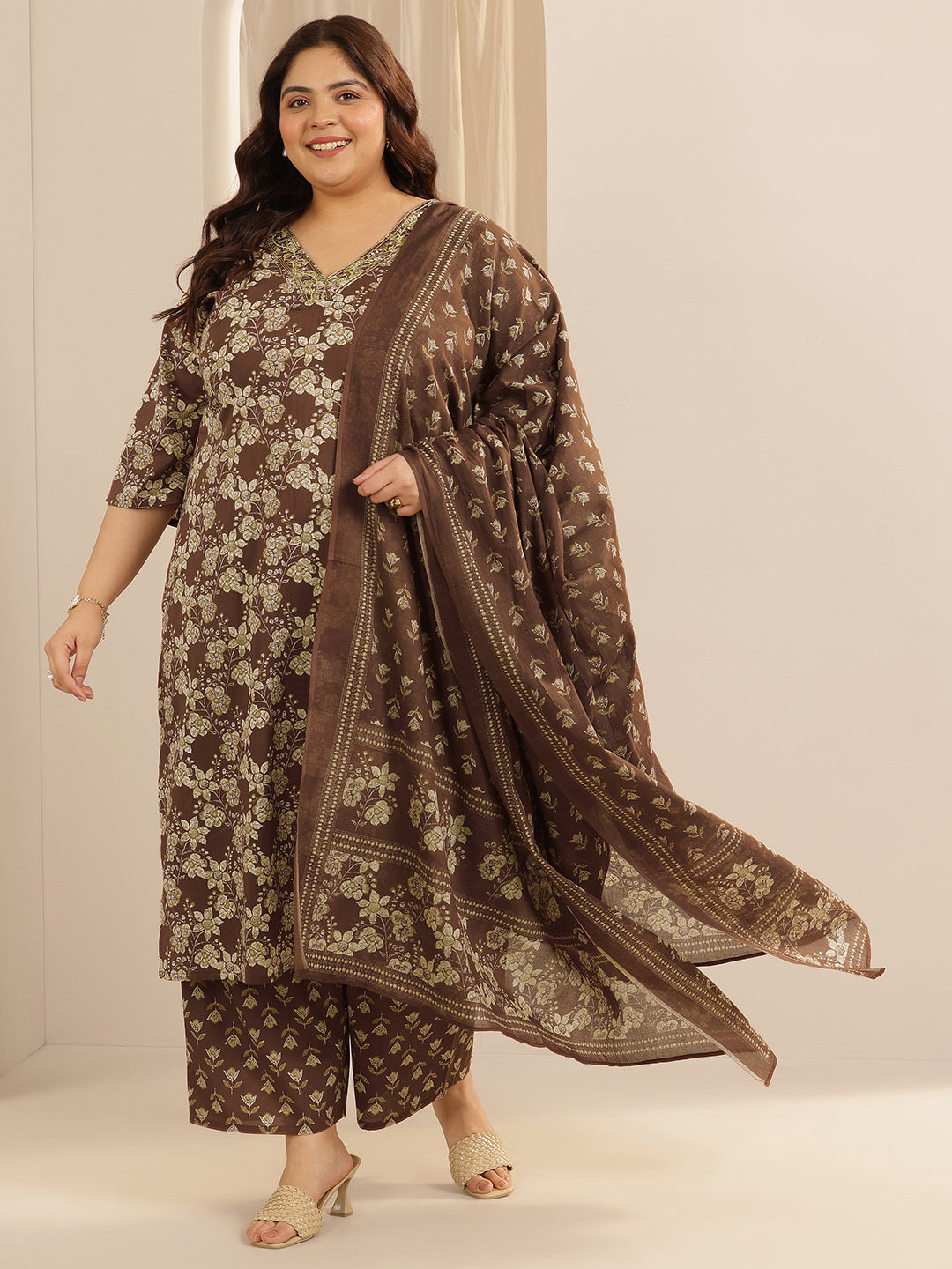 Plus Size Brown Printed Cotton Straight Suit Set With Dupatta