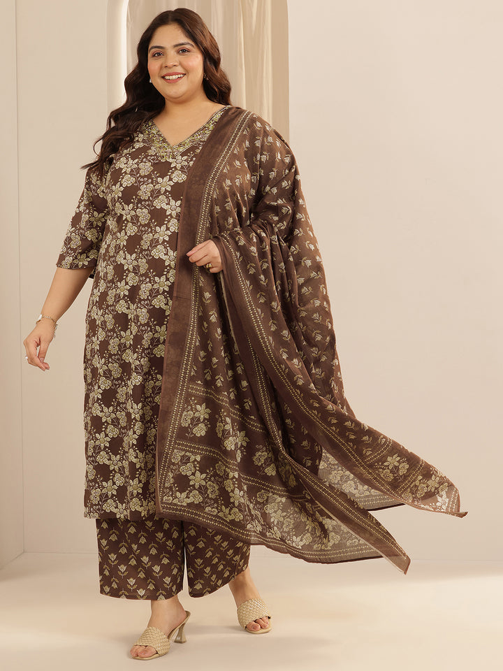 Plus Size Brown Printed Cotton Straight Suit Set With Dupatta