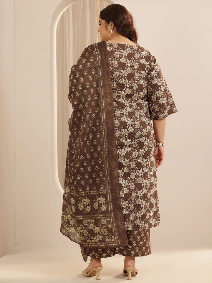 Plus Size Brown Printed Cotton Straight Suit Set With Dupatta