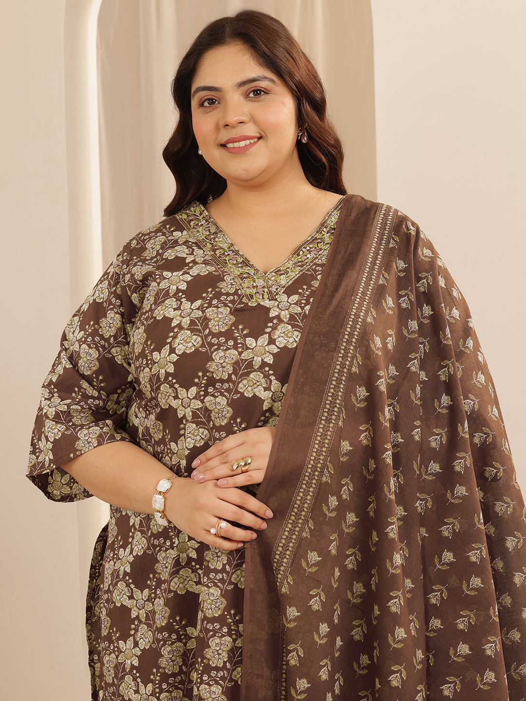 Plus Size Brown Printed Cotton Straight Suit Set With Dupatta