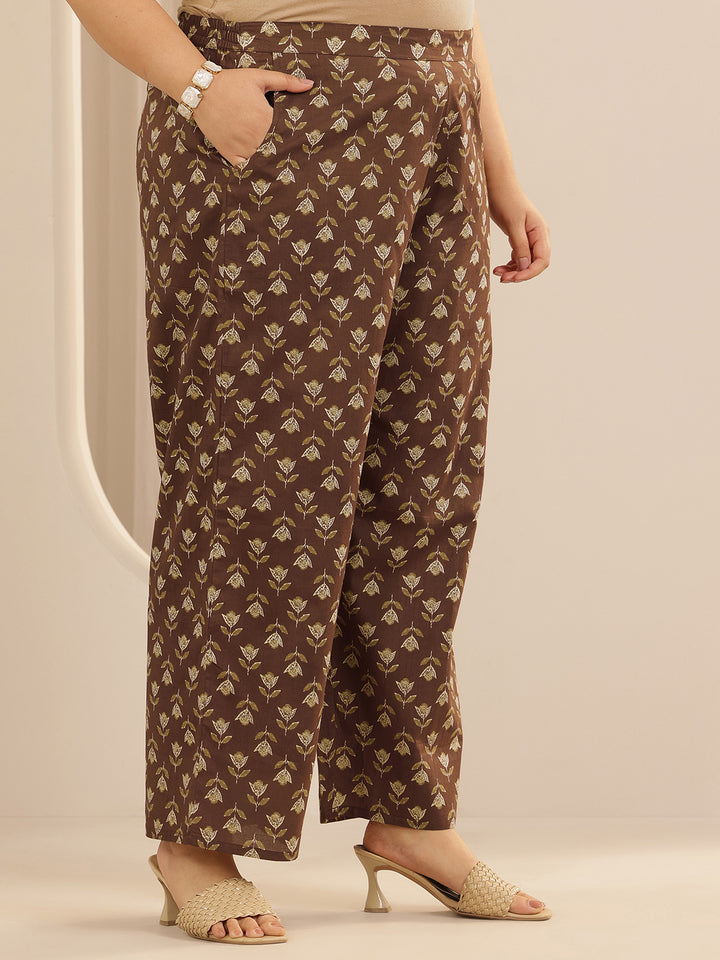 Plus Size Brown Printed Cotton Straight Suit Set With Dupatta