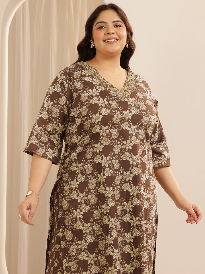 Plus Size Brown Printed Cotton Straight Suit Set With Dupatta