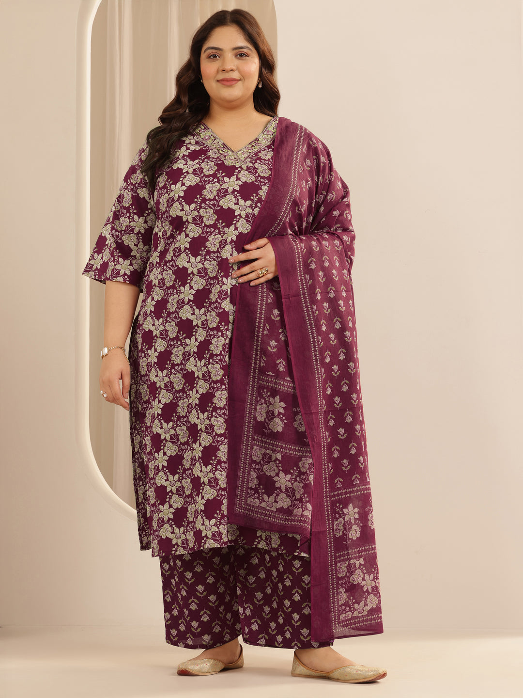 Plus Size Burgundy Printed Cotton Straight Suit Set With Dupatta