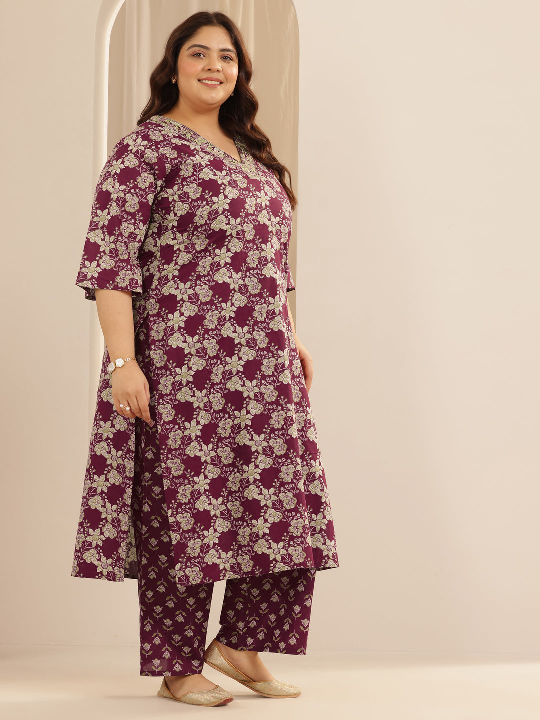 Plus Size Burgundy Printed Cotton Straight Suit Set With Dupatta