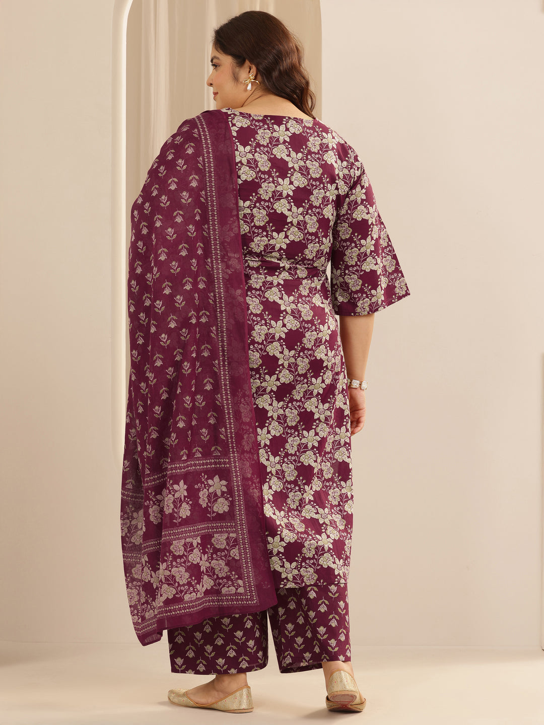 Plus Size Burgundy Printed Cotton Straight Suit Set With Dupatta