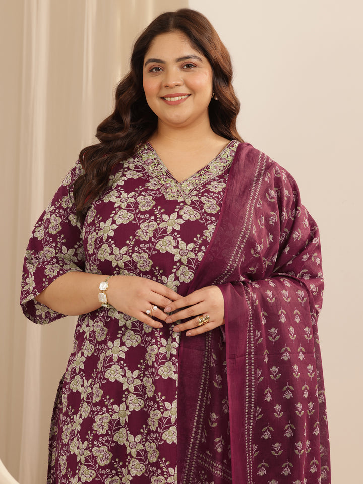 Plus Size Burgundy Printed Cotton Straight Suit Set With Dupatta