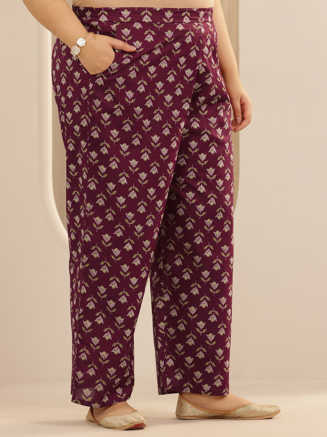 Plus Size Burgundy Printed Cotton Straight Suit Set With Dupatta