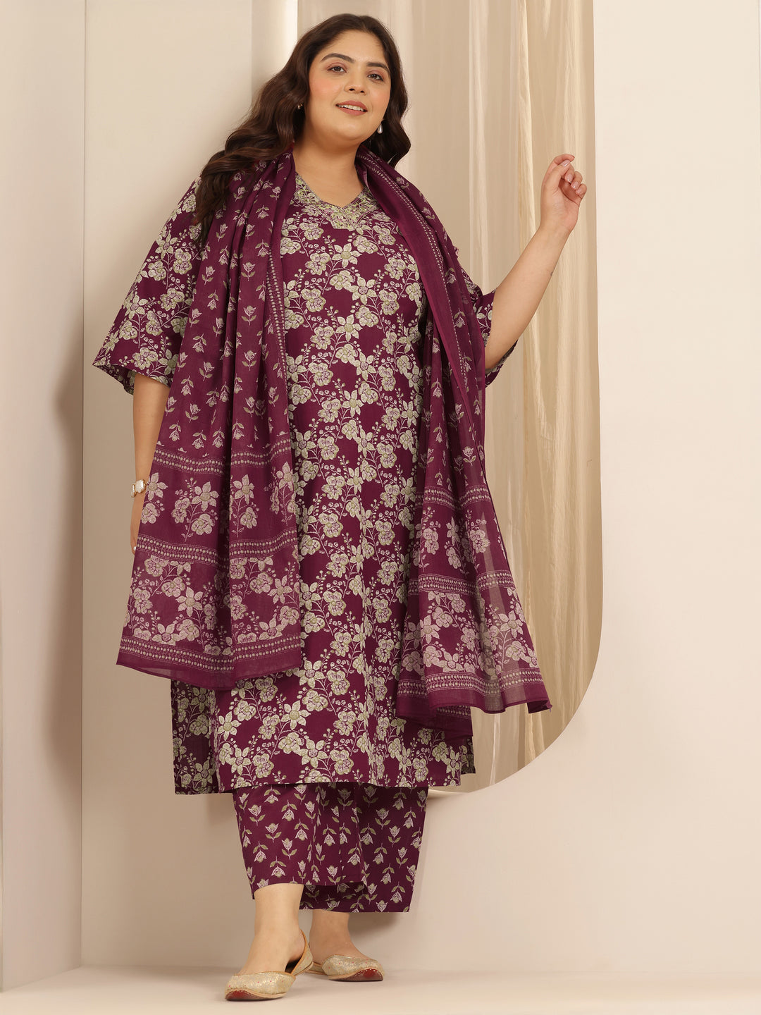 Plus Size Burgundy Printed Cotton Straight Suit Set With Dupatta