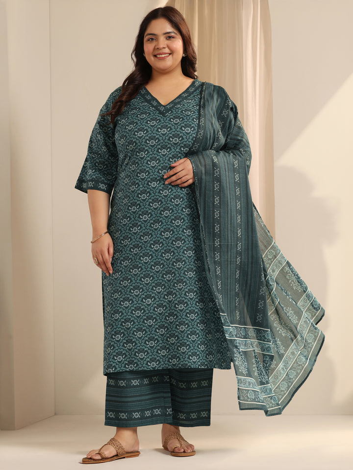 Plus Size Teal Printed Cotton Straight Suit Set With Dupatta