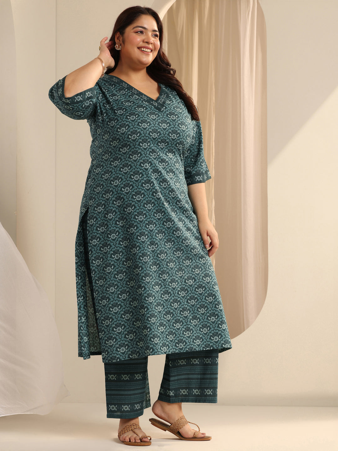 Plus Size Teal Printed Cotton Straight Suit Set With Dupatta