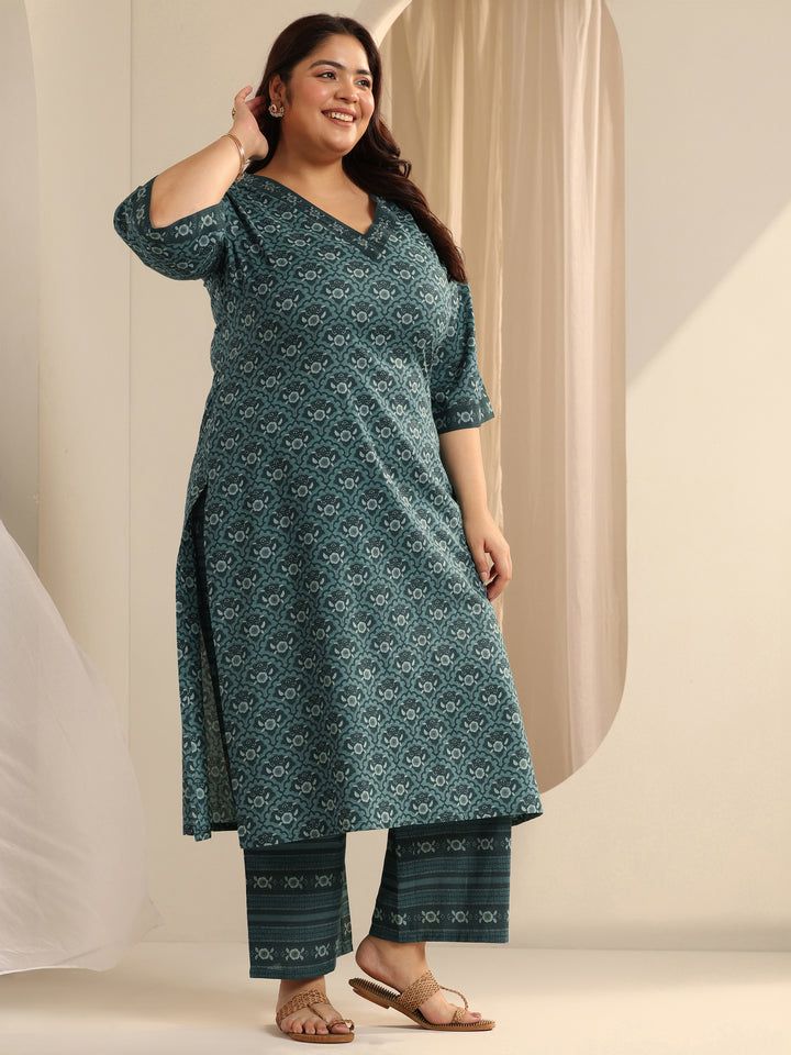 Plus Size Teal Printed Cotton Straight Suit Set With Dupatta