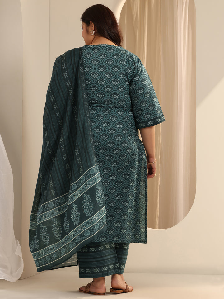 Plus Size Teal Printed Cotton Straight Suit Set With Dupatta