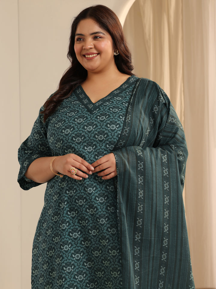 Plus Size Teal Printed Cotton Straight Suit Set With Dupatta
