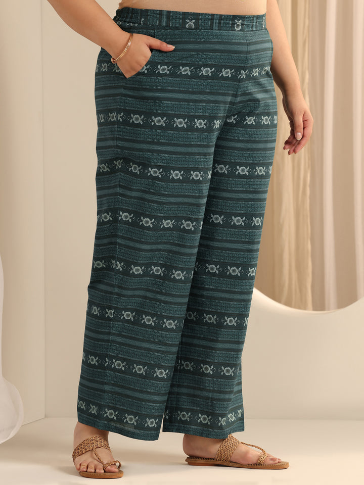 Plus Size Teal Printed Cotton Straight Suit Set With Dupatta