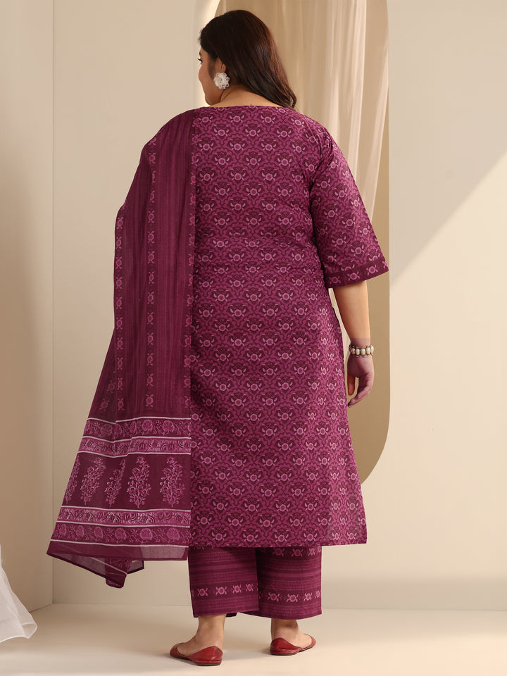 Plus Size Burgundy Printed Cotton Straight Suit Set With Dupatta