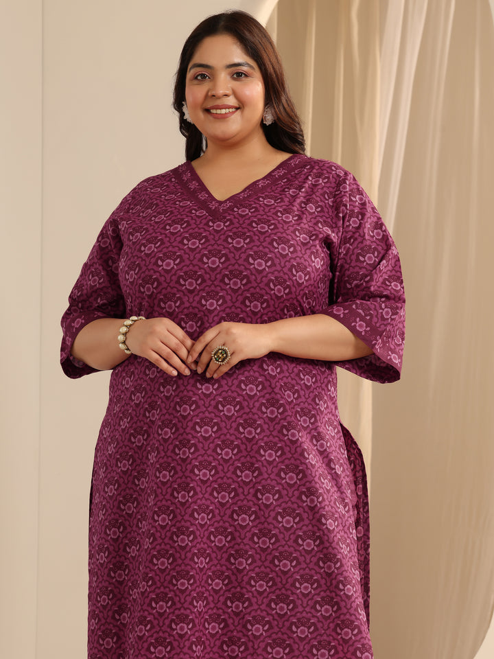 Plus Size Burgundy Printed Cotton Straight Suit Set With Dupatta