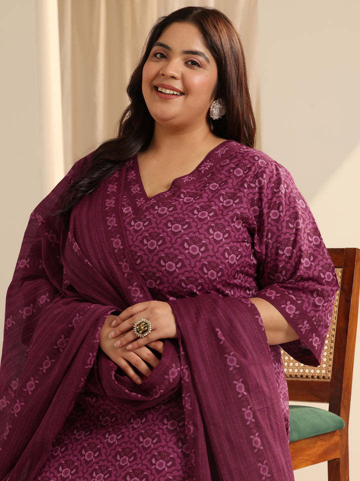 Plus Size Burgundy Printed Cotton Straight Suit Set With Dupatta