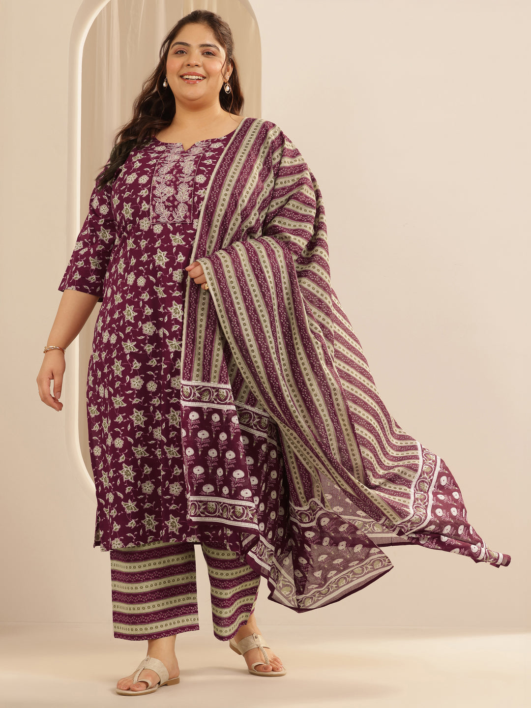 Plus Size Burgundy Printed Cotton Straight Suit Set With Dupatta