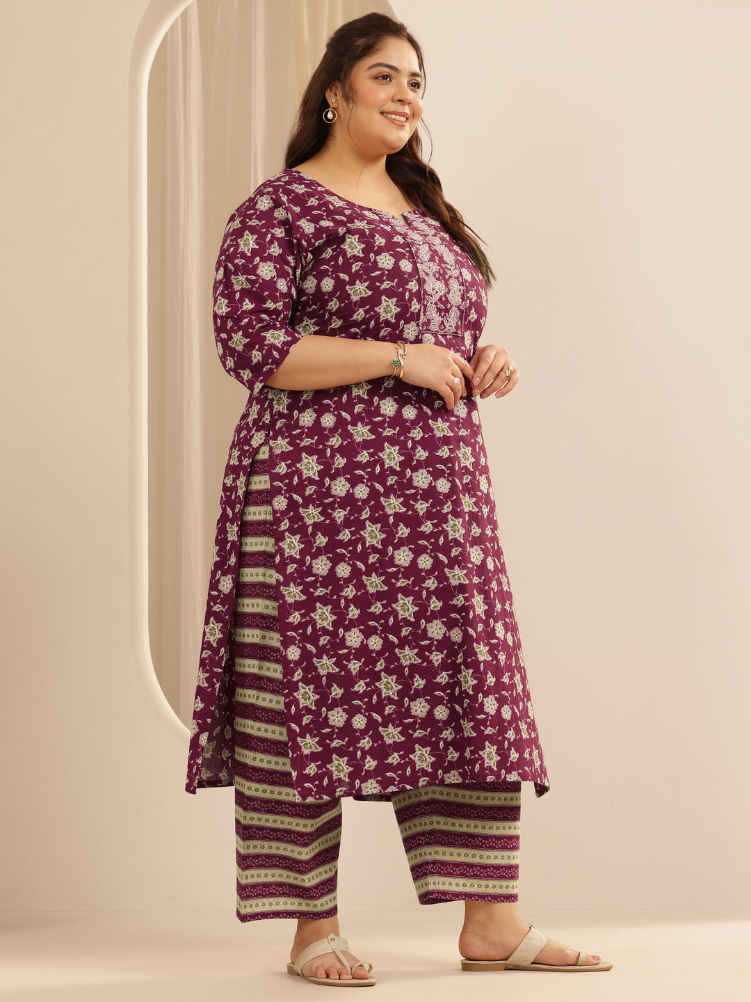 Plus Size Burgundy Printed Cotton Straight Suit Set With Dupatta