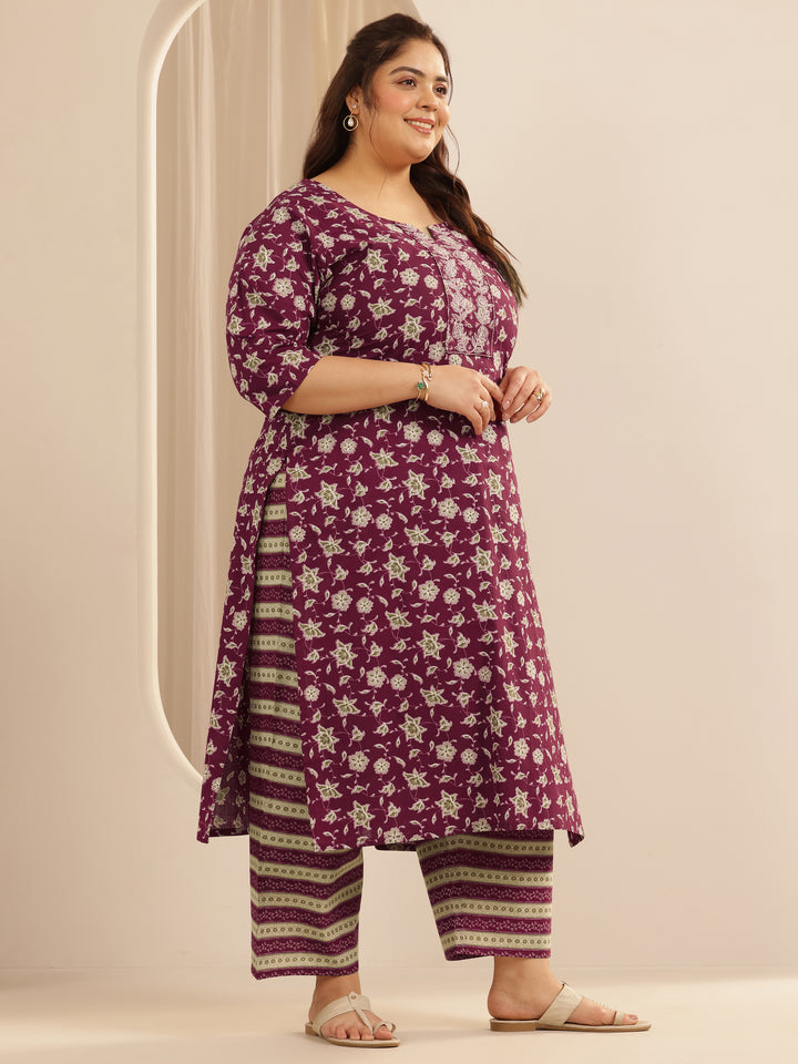 Plus Size Burgundy Printed Cotton Straight Suit Set With Dupatta