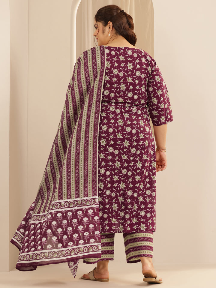 Plus Size Burgundy Printed Cotton Straight Suit Set With Dupatta