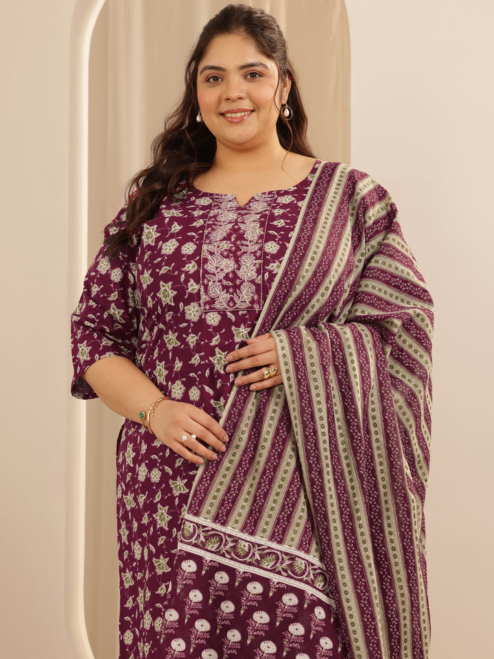 Plus Size Burgundy Printed Cotton Straight Suit Set With Dupatta