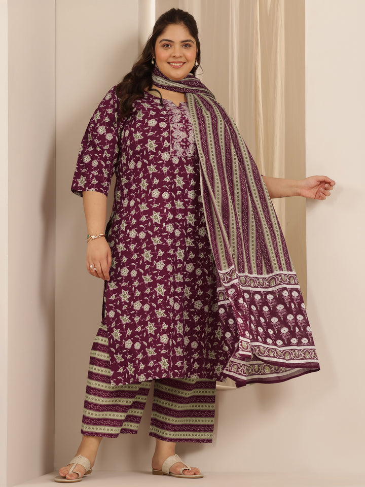 Plus Size Burgundy Printed Cotton Straight Suit Set With Dupatta