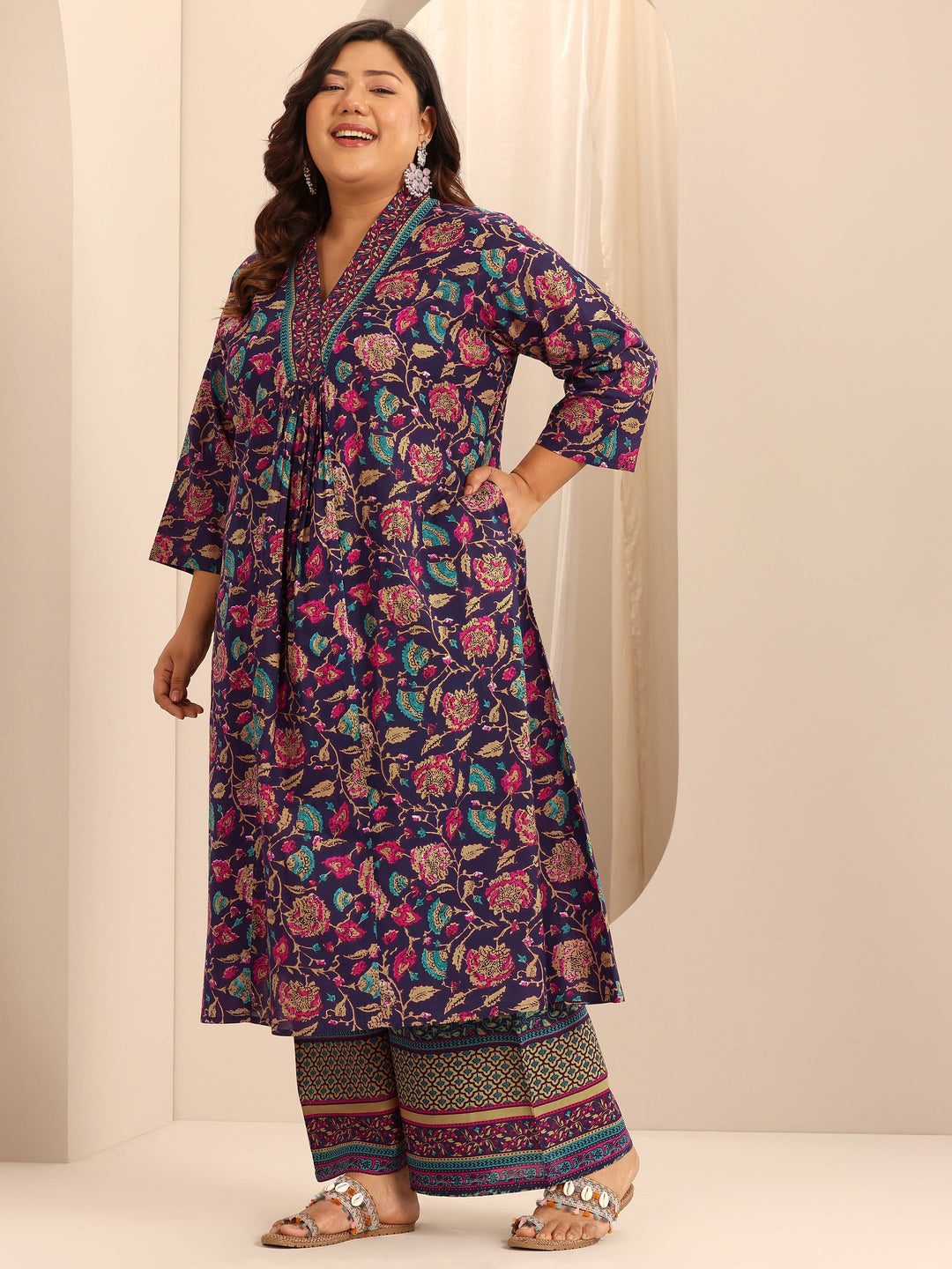 Plus Size Purple Printed Cotton A-Line Suit Set With Dupatta
