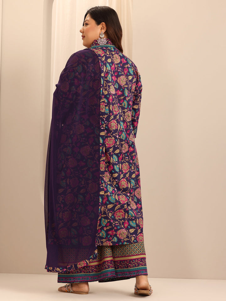 Plus Size Purple Printed Cotton A-Line Suit Set With Dupatta
