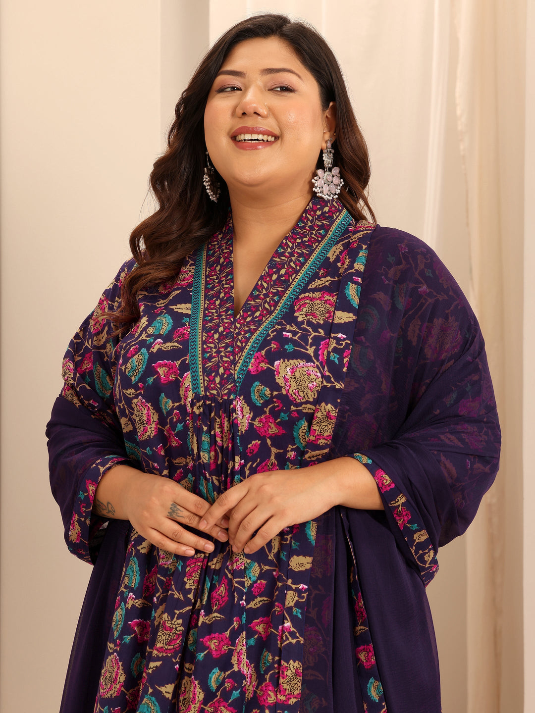 Plus Size Purple Printed Cotton A-Line Suit Set With Dupatta