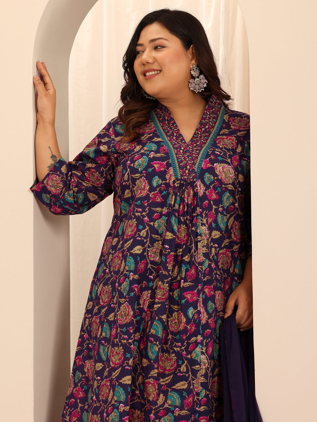 Plus Size Purple Printed Cotton A-Line Suit Set With Dupatta
