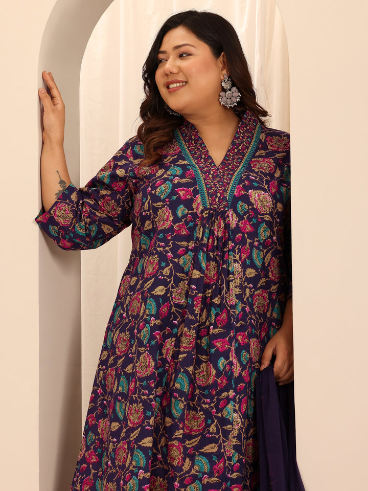 Plus Size Purple Printed Cotton A-Line Suit Set With Dupatta