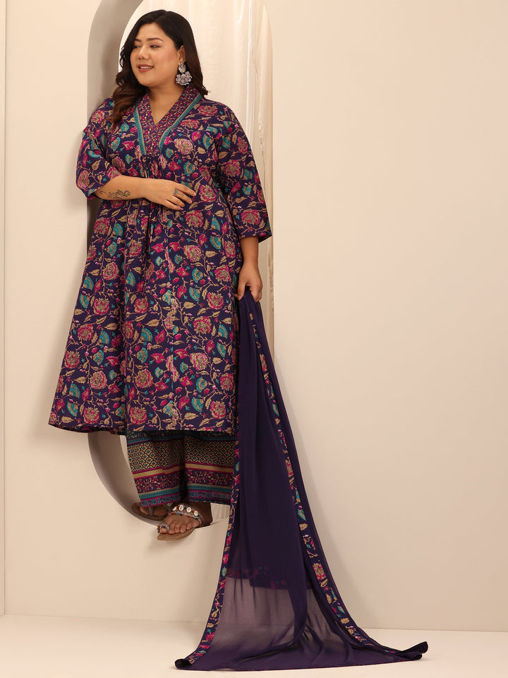 Plus Size Purple Printed Cotton A-Line Suit Set With Dupatta