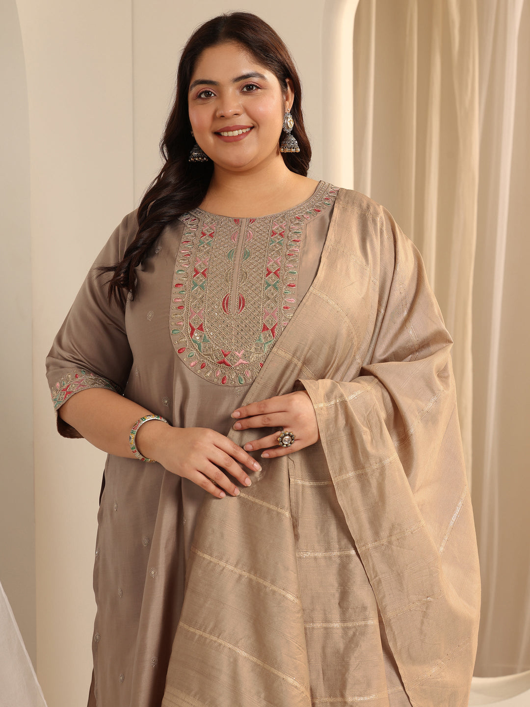 Plus Size Beige Yoke Design Silk blend Straight Suit Set With Dupatta