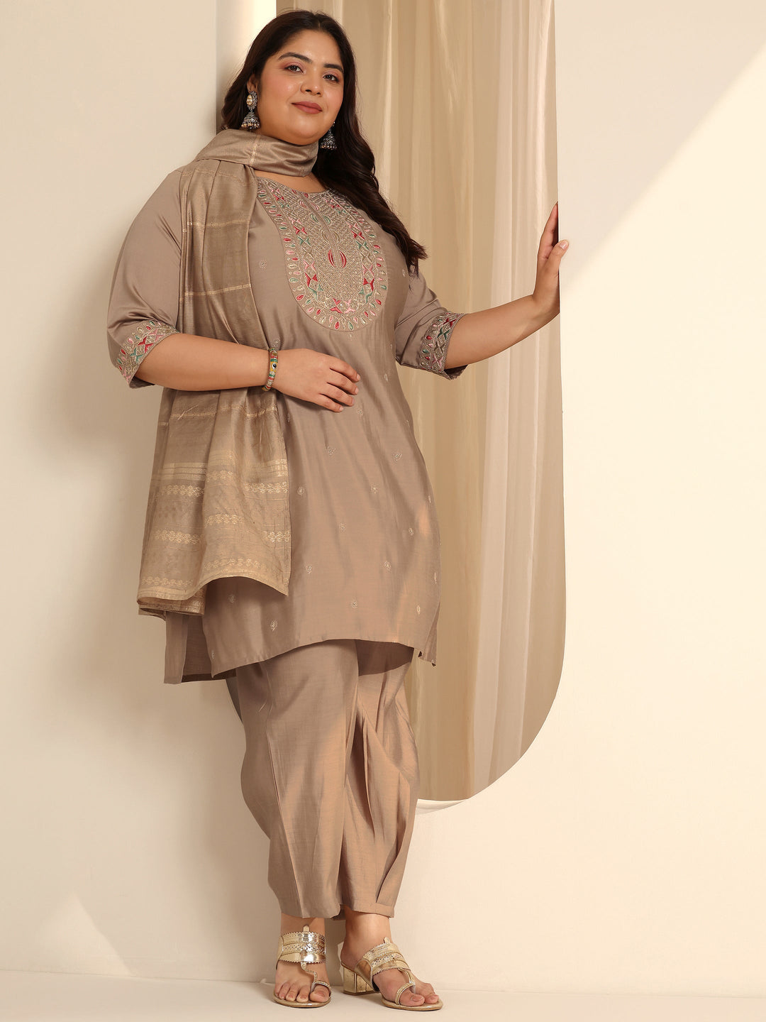 Plus Size Beige Yoke Design Silk blend Straight Suit Set With Dupatta