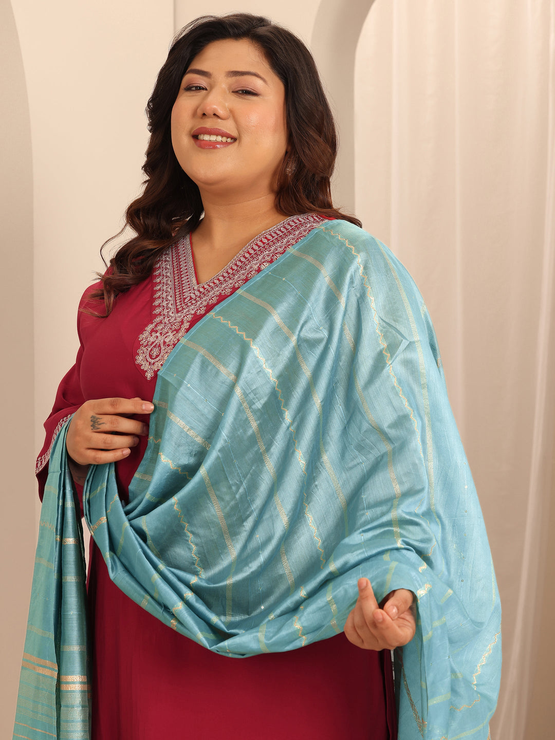 Plus Size Red Yoke Design Silk Blend Straight Suit Set With Dupatta