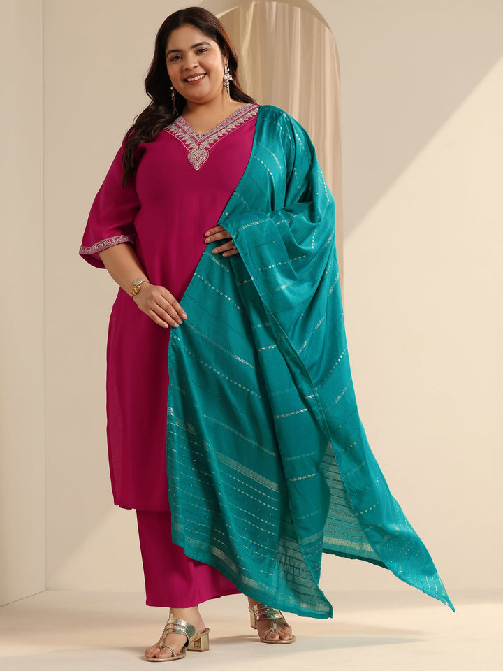 Pink Yoke Design Silk blend Straight Suit Set With Dupatta