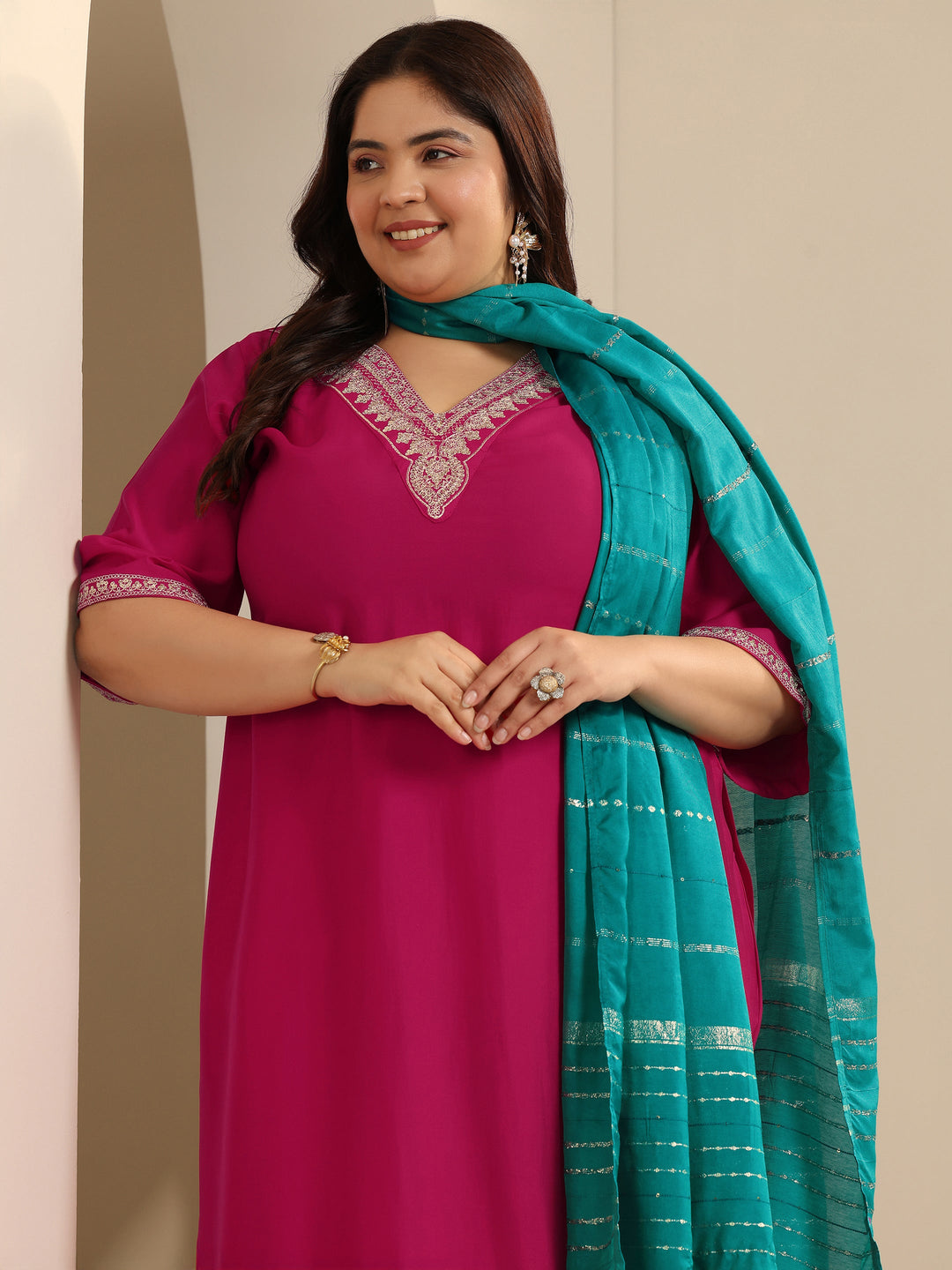Pink Yoke Design Silk blend Straight Suit Set With Dupatta