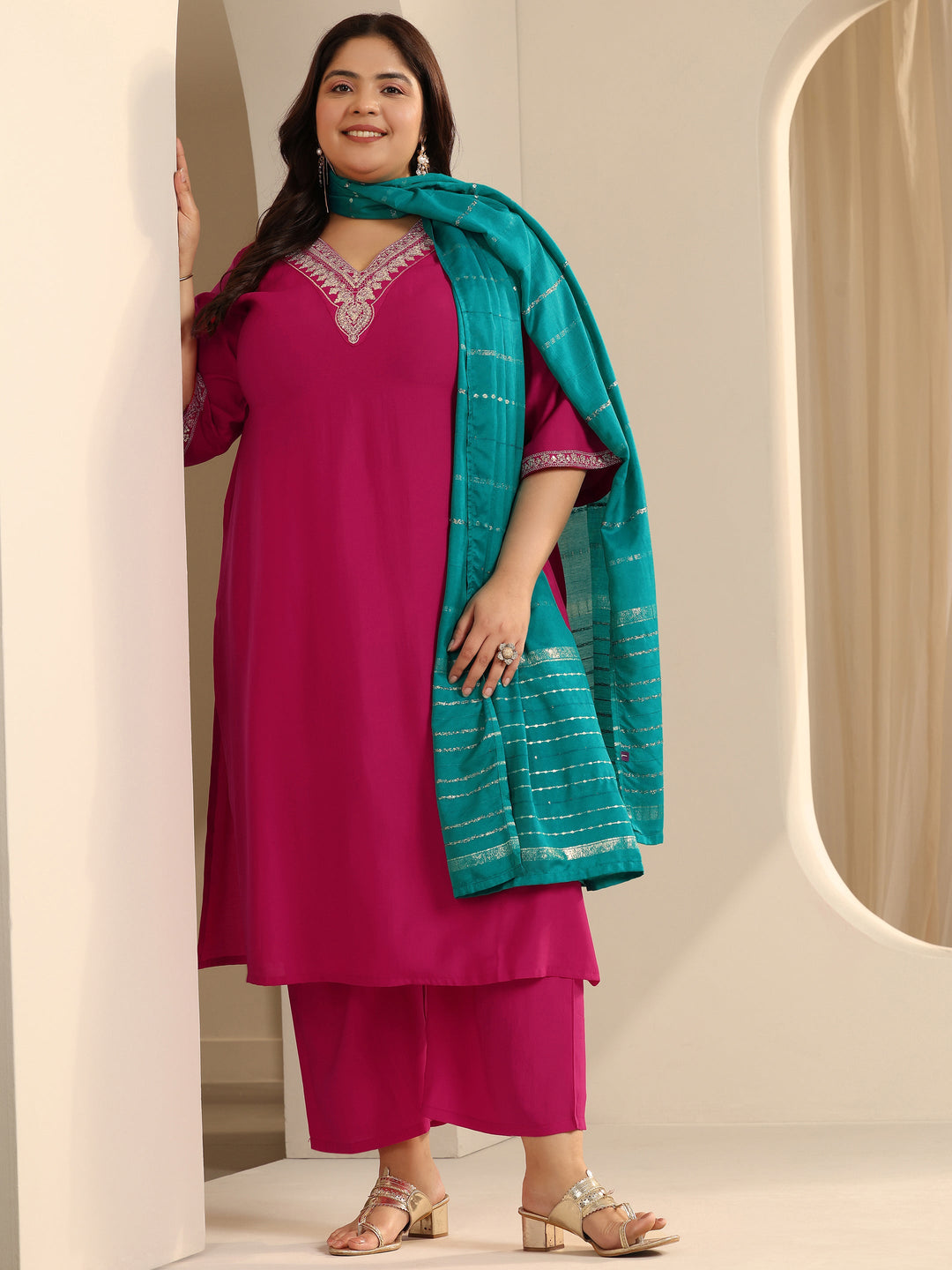 Pink Yoke Design Silk blend Straight Suit Set With Dupatta
