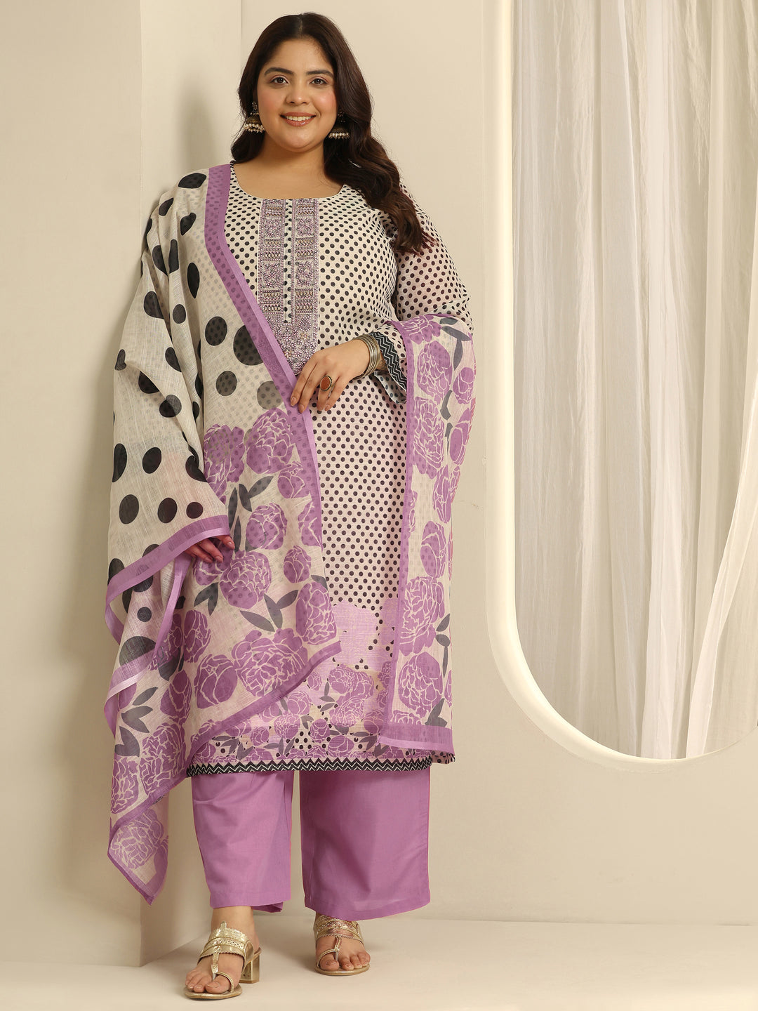 Plus Size Off White Printed cotton blend Straight Suit Set With Dupatta