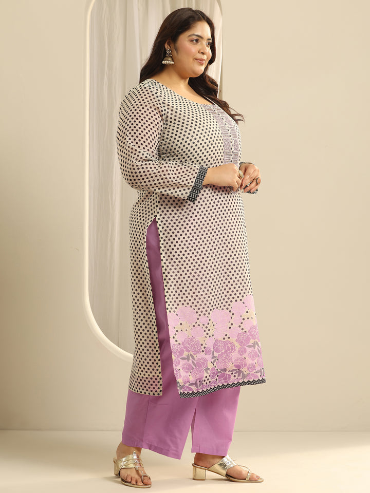 Plus Size Off White Printed cotton blend Straight Suit Set With Dupatta