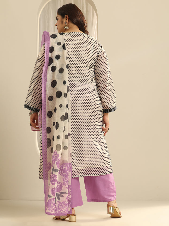 Plus Size Off White Printed cotton blend Straight Suit Set With Dupatta